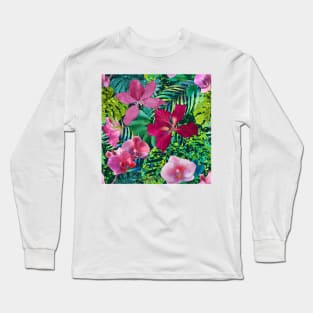 Dark tropical flowers and palm leaves Orchids, Bauhinia flowers watercolor exotic printloral seamless pattern Long Sleeve T-Shirt